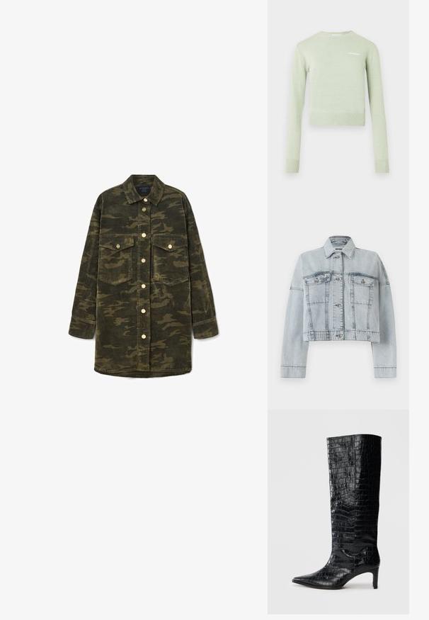 Lys blå denimjakke med en cropped design, der har to forlommer, knaplukning og en klassisk krave. Glat tekstur og syede detaljer.; Lysegrøn pullovertrøje med ribbet halsudskæring og manchetter. Kort, tætsiddende design med lille hvidt logo på brystet.; Langærmet grøn og brun camo kordfløjl skjortejakke med krave, knaplukning foran og to brystlommer med klap.; Sorte knæhøje støvler med en blank, krokodillemønstret tekstur, spids tå og en affaset hæl. Glat syntetisk materiale.