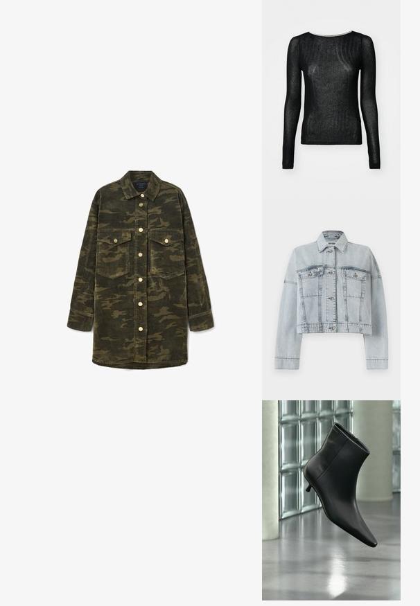 Lys blå denimjakke med en cropped design, der har to forlommer, knaplukning og en klassisk krave. Glat tekstur og syede detaljer.; Sort langærmet top lavet af gennemsigtigt, ribbet stof. Har en rund halsudskæring og en tætsiddende design, med glat tekstur og minimal detaljer.; Langærmet grøn og brun camo kordfløjl skjortejakke med krave, knaplukning foran og to brystlommer med klap.; Sort læderankelstøvle med spids tå og lav kitten-hæ, vist vinklet mod en poleret gulv- og glasblokvæg.