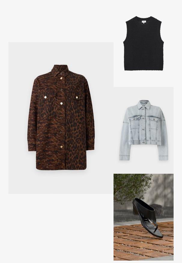 Veste en jean bleu clair au design cropped, avec deux poches avant, fermeture à boutons et un col classique. Texture lisse et détails cousus.; Gilet noir en maille sans manches avec encolure ronde et bords côtelés, posé à plat sur un fond blanc.; Chemise à manches longues boutonnée avec motifs mixtes camouflage marron et léopard, avec poches avant à rabat et boutons dorés.; Sandale noire à talon haut avec une lanière entre les orteils, flottant au-dessus d'une surface extérieure en bois et gravier à motifs, avec un arrière-plan flou de verdure et un mur.
