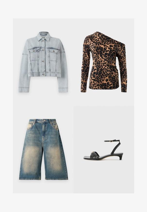 Lys blå denimjakke med en cropped design, der har to forlommer, knaplukning og en klassisk krave. Glat tekstur og syede detaljer.; Top med leopardprint, der har en asymmetrisk halsudskæring, lange ærmer og en tætsiddende silhuet i tan og sort. Blødt, strækbart stof.; Højhalsede, knælange denimshorts med falmet vask, forlommer, bæltestropper og knaplukning.; Sorte lædersandal med firkantet tå, vævet remdesign, ankelrem med gyldent hardware og en lav, spidset hæl.