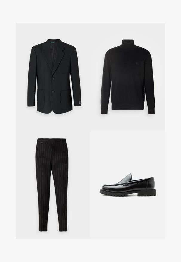 Blazer negro hecho de una tela suave, con solapas con muesca, dos bolsillos frontales, dos botones y un sutil logo en la manga.; Jersey de cuello alto negro con mangas largas, cuello y puños acanalados, hecho de una tela suave. Presenta un pequeño parche de logo en el pecho.; Pantalones negros con finas rayas verticales, ajuste entallado, bolsillos frontales y trabillas para cinturón. Hechos de una tela suave y texturizada.; Mocasín de cuero negro con suela de goma gruesa, empeine cosido y nombre de la marca en relieve en el talón, mostrado en perfil lateral sobre fondo blanco.