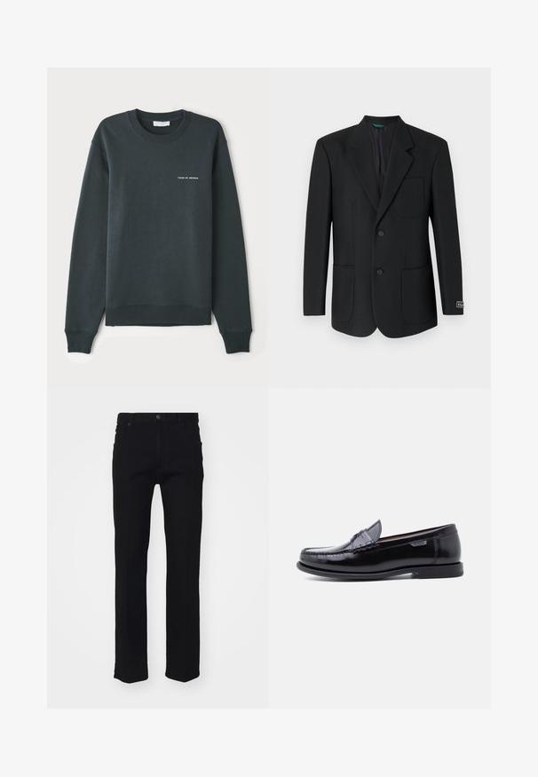Schwarzes Blazer aus glattem Stoff, mit Reverskragen, zwei Vorderaschen, zwei Knöpfen und einem dezenten Logo am Ärmel.; Dunkelgrüner Sweatshirt, Rundhalsausschnitt, lange Ärmel, gerippte Bündchen und Saum, mit einem weißen Textlogo "TIGER OF SWEDEN" auf der Brust.; Schwarze Denim-Jeans mit geradem Bein, fünf Taschen, vorderer Knopfverschluss und subtilen Steppnähten. Glatte Textur.; Schwarze Leder-Loafer mit glänzendem Finish, mit einer gesteppten Verzierung auf der Zehenpartie und einer niedrigen, strukturierten schwarzen Gummisohle.