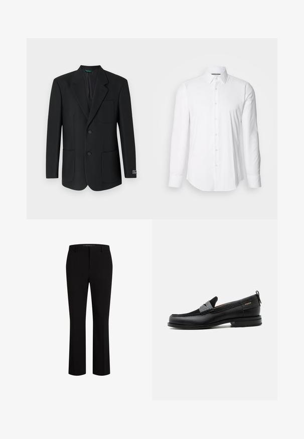 Zwarte blazer van soepel materiaal, met een notch-kraag, twee voorzakken, twee knopen en een subtiele logo op de mouw.; Witte lange mouwen shirt van gladde stof, met een klassieke kraag en een knoopsluiting aan de voorkant met een gebogen zoom. Knopen hebben een subtiele glans.; Zwarte op maat gemaakte broeken van gladde stof, met een recht model, riemlussen en voorzakken voor extra functionaliteit.; Zwarte leren loafer met grijs riemdetailelement, lage hak en gestructureerde zool, aan de zijkant gebrandmerkt met "HUGO" in goud.