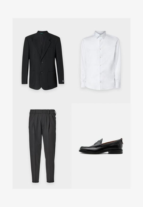 Zwarte blazer van soepel materiaal, met een notch-kraag, twee voorzakken, twee knopen en een subtiele logo op de mouw.; Witte lange mouw shirt gemaakt van gladde stof, met een klassieke kraag, knoopsluiting en manchetten met knopen, gepresenteerd tegen een effen achtergrond.; Zwarte broek van gladde stof, met een geplooide voorkant, elastische tailleband en rechte pijpen met een taps toelopende onderkant.; Zwarte leren herensloffen met moc toe stiksel, pennyriem, gestructureerde kraag en lage gestapelde hak op witte achtergrond.