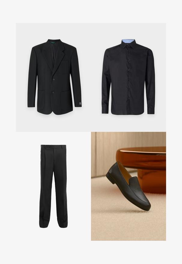 Sort blazer lavet af glat stof, med en nedskåret revers, to frontlommer, to knapper og et diskret logo på ærmet.; Sort langærmet skjorte lavet af glat stof, med knaplukning foran, spidse kraver og en lyseblå ternet indre krave.; Sorte bukser med lige ben, der har plisseringer, en enkelt knaplukning og bæltests. Fremstillet af glat stof.; Sort læder loafer sko, der hviler på beige tæppe med et blankt brunt rundt bord i baggrunden.