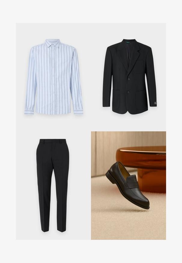 Sort blazer lavet af glat stof, med en nedskåret revers, to frontlommer, to knapper og et diskret logo på ærmet.; Lys blå langærmet skjorte med hvide og marineblå lodrette striber, knap-ned krave og frontknaplukning. Skarp stoftekstur.; Sorte bukser med et skræddersyet design, flad front, pressefolder og en slank pasform. Lavet af et glat stof for et elegant udseende.; Sort læder loafers med lav hæl svævende over beige tæppe ved rundt brunt bord.