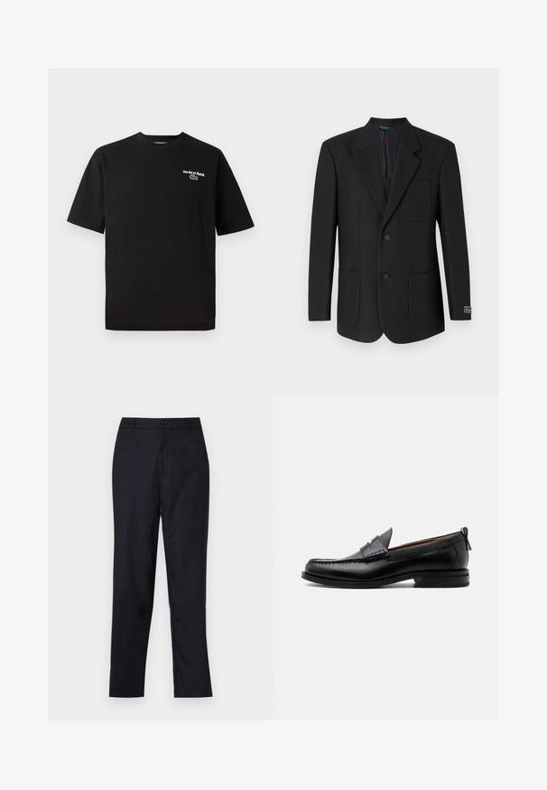 Čierny blazer vyrobený z hladkej tkaniny, s klopovým golierom, dvoma prednými vreckami, dvoma gombíkmi a jemným logom na rukáve.; Čierne bavlnené tričko s krátkymi rukávmi a okrúhlym výstrihom, so bielou výšivkou "Jeu Set et Match" a zeleným logom krokodíla ako akcentom.; Námořnické modré nohavice vyrobené z hladkého materiálu, s rovnými nohavicami, zapínaním na jeden gombík a jemnými záhybmi vpredu.; Čierny kožený pánsky mokasín s prešitím moc toe, penny remienkom, textúrovaným golierom a nízkym vrstveným podpätkom na bielom pozadí.
