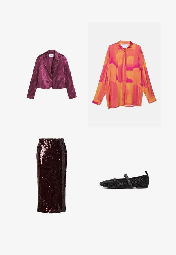 Bordeaux cropped blazer met een zachte satijnen textuur, met notch revers en abstracte golfpatronen overal. Enkele knoopsluiting.; Lange mouwen shirt in levendige roze en oranje tinten, met een knoopsluiting aan de voorkant, een klassieke kraag en een vloeiende, lichte stof.; Bordeaux pailletten kokerrok met een getailleerde silhoutte, een gladde textuur, knie-lang, met een glanzend, reflecterend oppervlak en zonder zichtbare sluitingen.; Zwarte platte Mary Jane-schoen met gestructureerd, fonkelend bovenwerk en elastische band over de wreef, zachte zool en treklus bij de hiel.