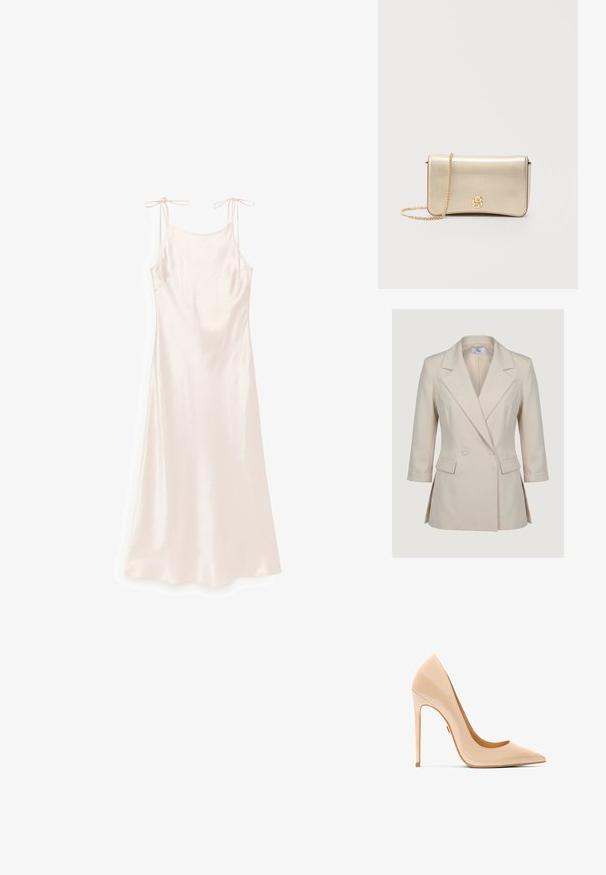 Blazer de mujer color crema con solapas anchas, cierre de dos botones, bolsillos con solapa y mangas tres cuartos.; Vestido de satén rosa claro con tirantes finos ajustables y escote recto, mostrado sobre un fondo blanco.; Zapato de salón de charol color nude con punta en punta, silueta elegante y tacón de aguja, con una textura suave y brillante.; Pequeño bolso metálico rectangular dorado con cadena y logo decorativo dorado "B" en la solapa frontal.