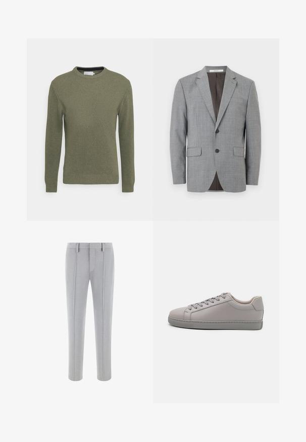Lysegrå herreblazer med hakrevers, to-knaps lukning, lommer med klap og mørkegråt inderfoer, vist forfra på hvid baggrund.; Grøn crew-neck sweater lavet af et tekstureret strikkemateriale. Har lange ærmer samt ribbede manchetter og kant. Simpelt, udekoreret design.; Lysegrå skræddersyede bukser med forreste slidser, bæltestropper og skjult lukning foran.; Grå lædersneaker med en glat finish, flade snørebånd, rund tå og en kontrasterende grå gummisål. Minimalistisk design og tekstur.