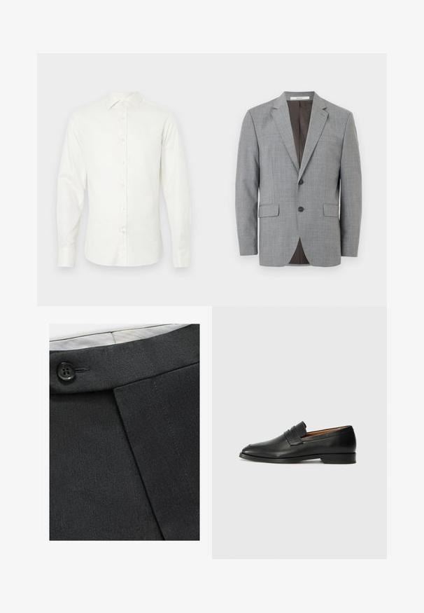 Blazer pour homme gris clair avec revers à encoche, fermeture à deux boutons, poches à rabat et doublure intérieure gris foncé, présenté de face sur fond blanc.; Chemise blanche à manches longues en tissu lisse, avec un col, une fermeture à boutons sur le devant et un ourlet droit avec des poignets.; Pantalons noirs ajustés en tissu lisse, dotés d'un détail de bouton à la taille et d'un design plissé pour une forme structurée.; Mocassin en cuir noir avec un bout arrondi, des coutures subtiles et un talon bas, présentant une texture lisse et un design minimaliste.