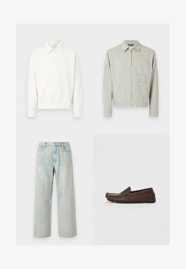 Veste gris clair zippée en tissu texturé, avec un col pointu, deux poches avant et des manches longues à coupe droite.; Polo à manches longues blanc avec col, présentant un logo brodé discret sur la poitrine gauche, fabriqué en tissu doux avec une finition légèrement texturée.; Jean large à taille haute bleu clair avec boutons sur le devant et poches, présenté à plat sur un fond blanc.; Mocassins en cuir marron avec un design de style mocassin, présentant des coutures décoratives et une semelle en caoutchouc pour une meilleure adhérence.
