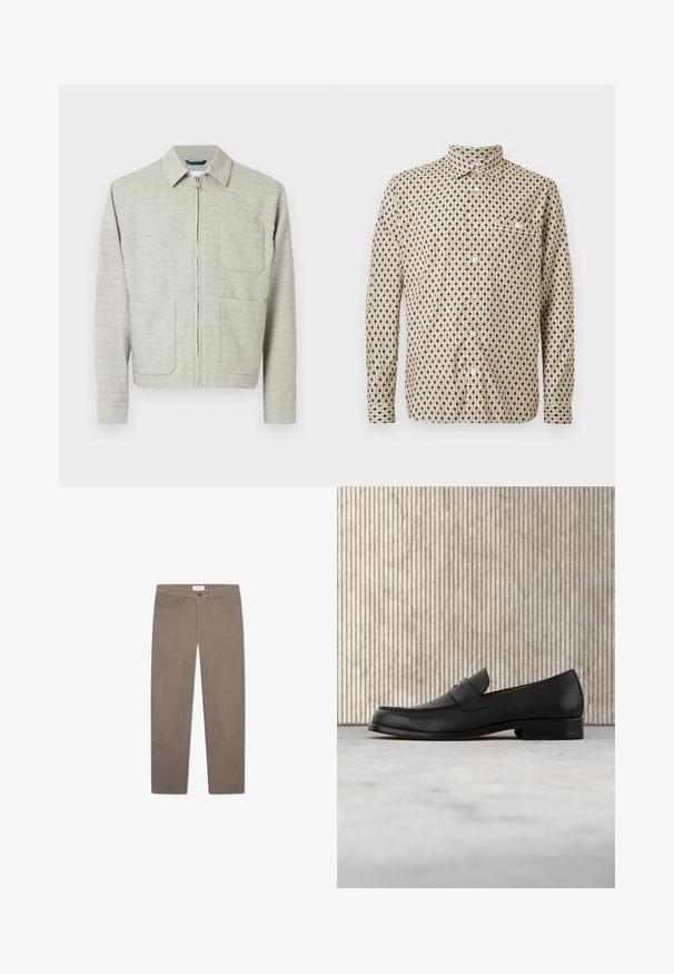 Lysegrå lynlåstrøje i tekstureret stof med spids krave, to forlommer og lange ærmer med lige snit.; Langærmet skjorte i beige med et geometrisk sort mønster, der har en enkelt lomme og krave med knapper. Materiel i bomuld; normal pasform.; Brune bukser med lige snit, der har forlommer og accentuerende syninger langs siderne for ekstra detaljer og tekstur.; Sort lædersko i loafer-stil svæver over et beige tæppe med et blankt brunt rundt bord i baggrunden.