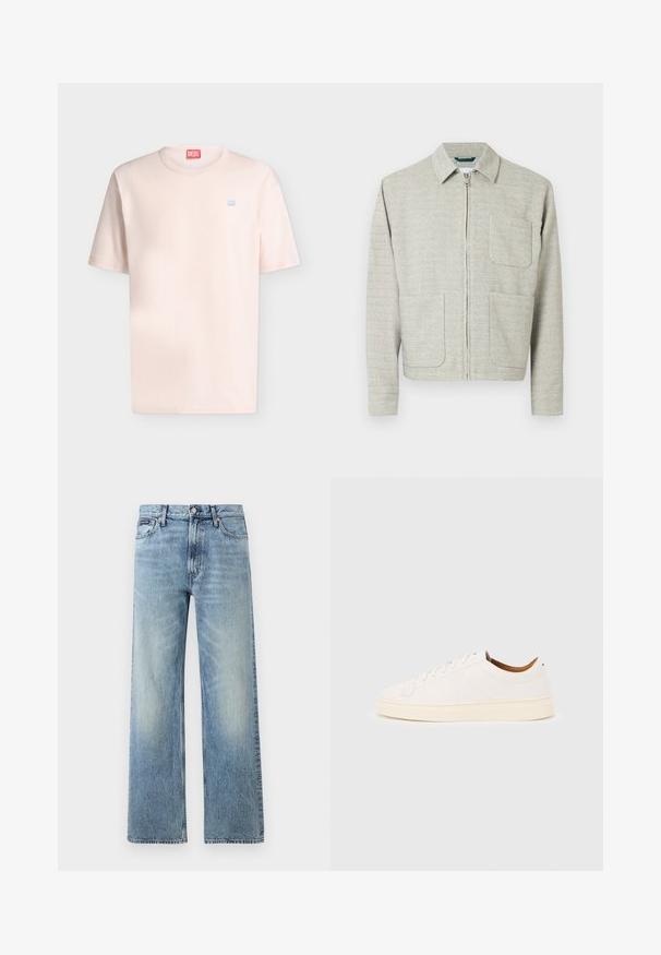 Veste gris clair zippée en tissu texturé, avec un col pointu, deux poches avant et des manches longues à coupe droite.; T-shirt rose clair à manches courtes et col rond avec petit logo Diesel bleu sur la poitrine et étiquette Diesel rouge à l'intérieur du col.; Jean droit en denim bleu clair avec taille haute, cinq poches, fermeture à boutons et léger délavage sur les cuisses et les genoux.; Baskets blanches basses avec un design à lacets, des détails de couture minimalistes, et une semelle couleur crème sur un fond gris clair.
