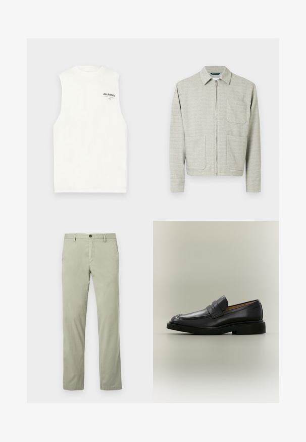 Veste gris clair zippée en tissu texturé, avec un col pointu, deux poches avant et des manches longues à coupe droite.; T-shirt blanc sans manches avec col rond et petit logo noir AllSaints sur le haut gauche de la poitrine.; Chinos vert clair en tissu de coton lisse, avec fermeture à boutons, poches latérales et coupe droite.; Mocassin homme en cuir noir avec un petit talon et une bride sur le dessus, montré de profil sur un fond neutre.