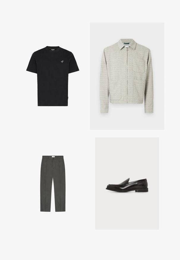 Lysegrå lynlåstrøje i tekstureret stof med spids krave, to forlommer og lange ærmer med lige snit.; Sort bomulds T-shirt med rund hals og korte ærmer, med en lille broderet grøn palmetræ på venstre bryst.; Mørkegrå skræddersyede bukser med forreste læg, bæltestropper, sidelommer samt knap- og lynlåslukning.; Sort læderslip-on loafer med lav hæl og syninger, sidemærke, på ensfarvet hvid baggrund.