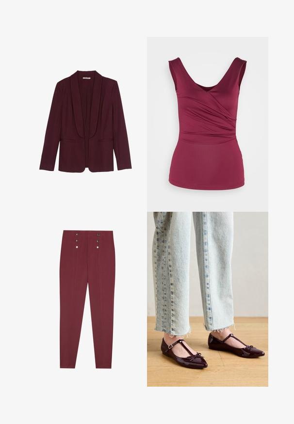 Burgundský blejzer s golierom, dvojitými prednými vreckami a hladkým textúrou látky. Struktúrovaný strih s dlhými rukávmi a bez gombíkov.; Anna Field by Zalando Top - dark red; Burgundské nohavice na mieru so bočnými vreckami, s hladkou textúrou a štyrmi dekoratívnymi striebornými gombíkmi na páse.; Lesklé bordové baleríny s T-remienkom, ozdobené mašličkou na špičke. Kombinované s krátkymi svetlomodrými riflemi.