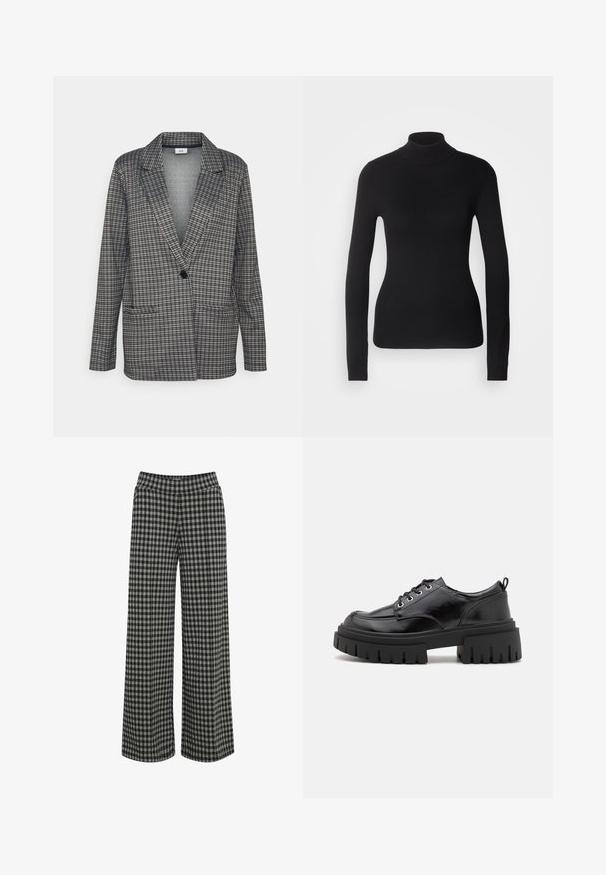 JDY Tall JDYGEGGO HUGH CHECK - Blejzer - black/new geggo mia; Čierny rolák vyrobený z ľahkej pleteniny. Má dlhé rukávy, priliehavý strih a jemnú rebrovanú štruktúru.; ICHI IHKATE - Nohavice - vetiver; Čierne kožené šnurovacie topánky s okrúhlou špičkou, hrubou čiernou platformou a drsnom textúrou. Obsahujú očká a zadný úchyt.