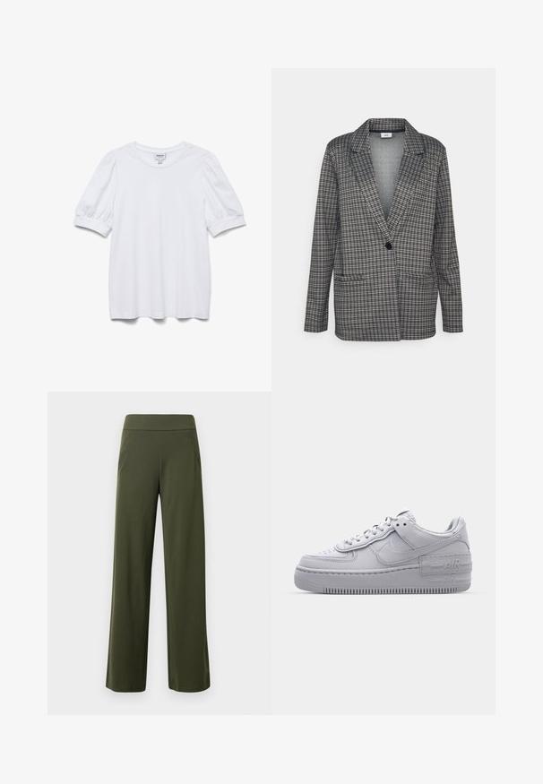 JDY Tall JDYGEGGO HUGH CHECK - Blazer - black/new geggo mia; Witte top met korte mouwen, een ronde halslijn en pofmouwen. Gemaakt van een gladde stof en voorzien van een label met de tekst "AWARE."; Olijfgroene wijde broek van zacht materiaal, met twee zijzakken en een soepele, elastische tailleband voor comfort.; Grijze Nike Air Force 1 sneaker met geperforeerde neus, glad leren bovenwerk, dikke zool en verhoogde 'AIR' details op de hiel.