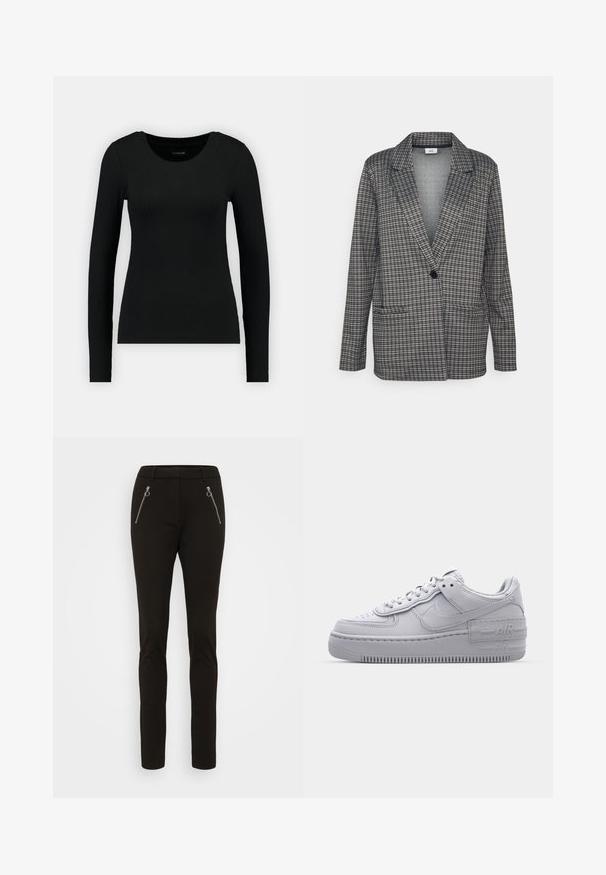 JDY Tall JDYGEGGO HUGH CHECK - Blazer - black/new geggo mia; Camisa negra de manga larga hecha de tela acanalada. Presenta un escote redondo y una silueta ajustada. Diseño simple sin patrones ni acentos.; Pantalones negros ajustados hechos de tejido suave, con dos bolsillos con cremallera en la parte frontal y una textura lisa. Diseño a medida con un ajuste de tiro medio.; Zapatilla Nike Air Force 1 gris con puntera perforada, parte superior de cuero suave, suela gruesa y detalle en relieve 'AIR' en el talón.