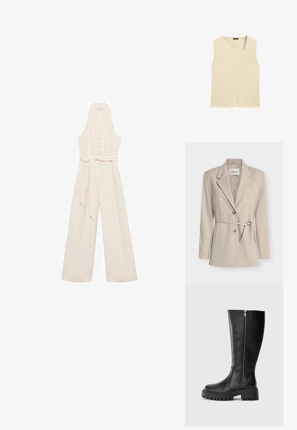 Beige blazer med skræddersyet pasform, hakkede revers, dobbelte knapper, bælte i taljen og sidelommer. Glat stof med subtil tekstur.; Cremefarvet jumpsuit med dyb V-udskæring, knaplukning foran, brede ben og et matchende taljebælte for en skræddersyet silhuet.; Cremefarvet strikket ærmeløs vest med rund halsudskæring og asymmetrisk række af matchende stofbetrukne knapper foran.; Sorte læderknæhøje støvler med lynlås i siden, tekstureret overflade, rund tå og kraftig gummisål med segmenteret mønster.