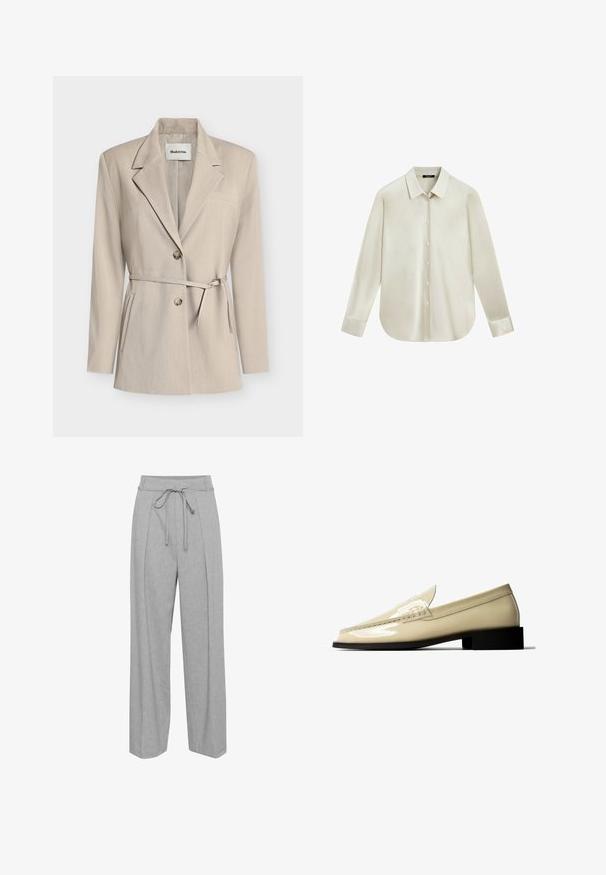 Beiger Blazer mit tailliertem Schnitt, Revers mit Kerbe, Doppelknopfverschluss, Taillengürtel und Seitentaschen. Glatter Stoff mit feiner Struktur.; Langärmliges cremefarbenes Hemd mit Knopfleiste, spitzem Kragen und abgerundetem Saum, auf weißem Hintergrund dargestellt.; Graue Leinen-Hose mit weitem Bein und hohem Bund, ausgestattet mit einem Kordelzug, Falten an der Vorderseite und einer weichen, strukturierten Oberfläche.; Beiger Lacklederschuh mit niedrigem schwarzem Absatz, Mokassinnaht und einem dekorativen Riemen über dem Vorderblatt.