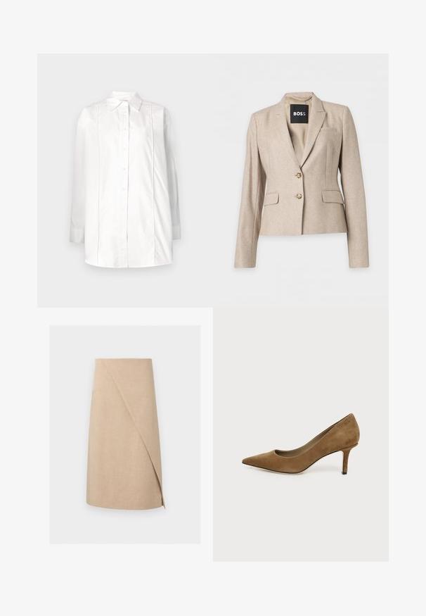 Beige skræddersyet dameblazer med to knapper, hakkede revers, forlommer med klap og en sort label indvendigt med mærket "BOSS".; Hvid langærmet skjorte lavet af bomuld med klassisk krave, knaplukning foran og lodrette pyntesyninger på kroppen.; Beige knælang slå-om-nederdel med fint tekstureret stof og asymmetrisk frontoverlæg.; Brun ruskind spids tå højhælet sko med en slank mellemhøj stilet hæl på hvid baggrund.