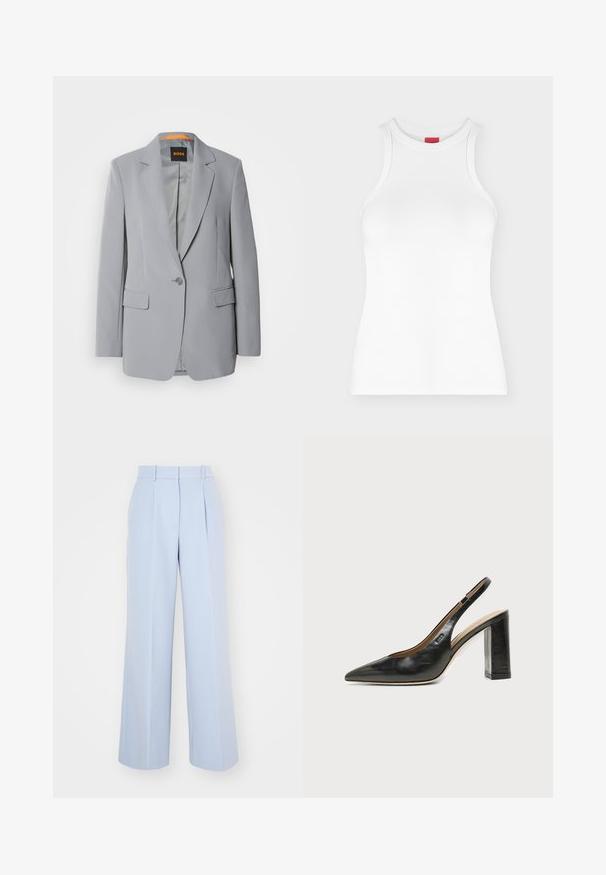 Lys grå blazer med en enkelt knaplukning, kliklapeller og to forlommer. Glat tekstur og orange foring indeni.; Hvid ærmeløs ribbet tanktop med høj rund hals og tætsiddende pasform vist på en ensartet lys baggrund.; Lysblå vidde bukser med høj talje, der har plisseringer foran, lavet af et glat, vævet stof. Ingen synlig hardware.; Sort læder peep-toe slingback sko med høj blokhæl og beige indvendig foring mod en ensfarvet lys baggrund.