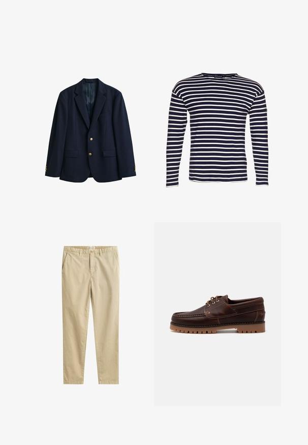 Navyblå enkeltknappet blazer med to gyldne knapper, hakrever, klaplommer og knapper på ærmerne, vist på hvid baggrund.; Armor lux LOCTUDY MARINIÈRE - Langærmet T-shirt - navire/nature; Beige bomuld bukser med lige ben, bæltestropper, sidelommer, knaplukning og GANT mærke inde i linningen.; Brun læder bådsko med stikninger, snørebåndsdesign og robust gummisål med bølgede mønstre for godt greb.