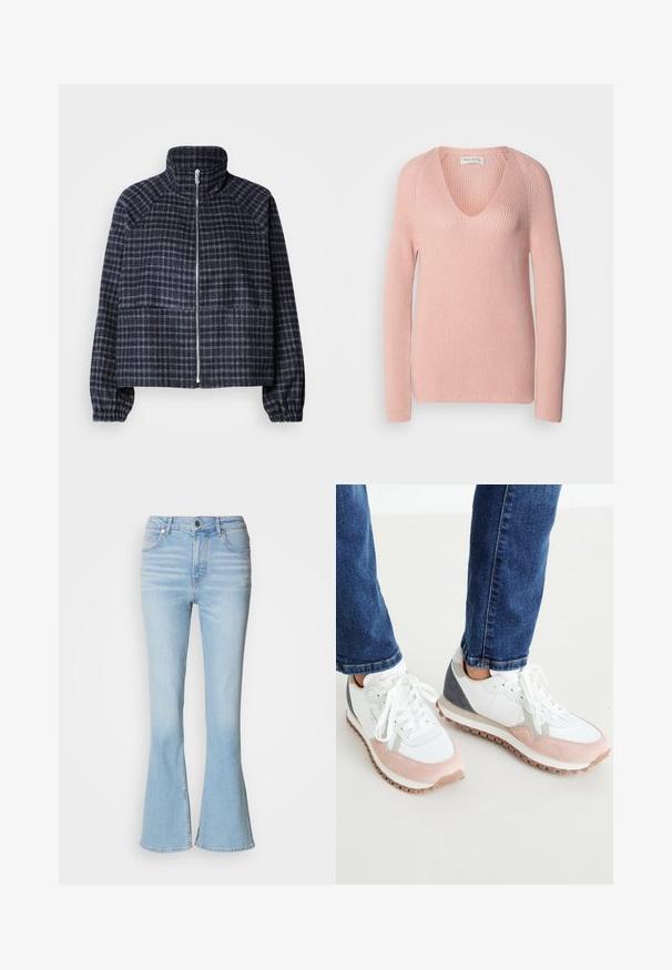 Chaqueta corta de tela de cuadro en azul marino oscuro. Presenta un cuello alto, cierre de cremallera en la parte delantera y puños fruncidos para un diseño ajustado.; Suéter de cuello en V rosa claro con mangas largas, textura acanalada y un corte relajado. Fabricado con una suave tela de punto, presenta detalles de costura sutiles.; Jeans acampanados de color azul claro, elaborados en mezclilla con una cintura alta, que presentan un ligero desvanecimiento y un cierre de cremallera estándar.; Zapatillas blancas y rosa claro con acentos grises, que cuentan con una parte superior de ante y malla, suela de goma y cordones redondos.