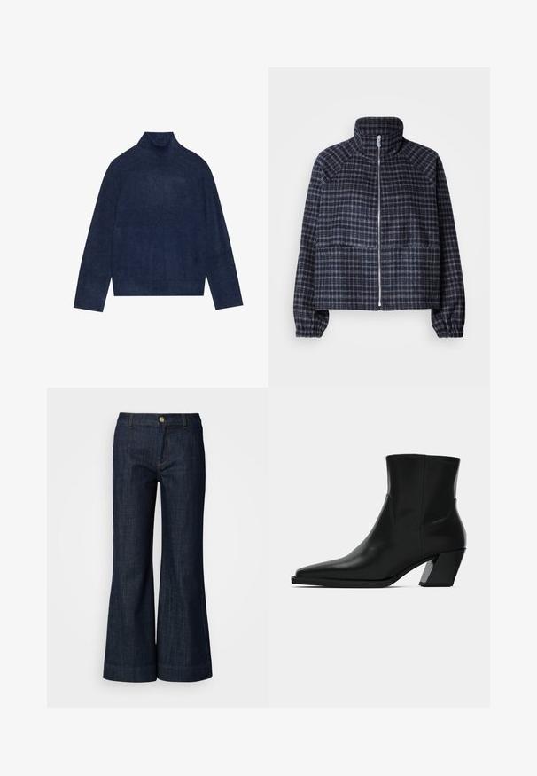 Kort jakke i mørkeblå plaidstof. Har høj krave, lynlås foran og gatherede manchetter for en tætsiddende pasform.; Mørkeblå rullekrave sweater med ribbet detaljering på kraven og ærmerne, lavet af et blødt, struktureret strikket stof med en afslappet silhuet.; Mørk vaskede denimjeans med en flagrende design, der har en knaplukning, orange syninger og opfoldede sømme. Glat tekstur og klassisk stil.; Sortlæder ankelstøvle med spids tå, en slank silhuet og en kraftig firkantet hæl. Glat tekstur med minimale stikninger.
