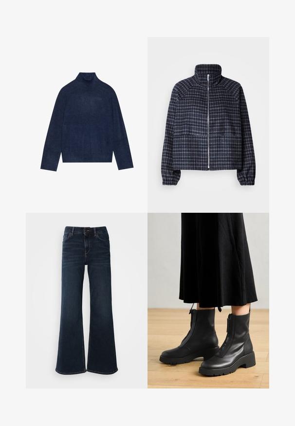 Kort jakke i mørkeblå plaidstof. Har høj krave, lynlås foran og gatherede manchetter for en tætsiddende pasform.; Mørkeblå rullekrave sweater med ribbet detaljering på kraven og ærmerne, lavet af et blødt, struktureret strikket stof med en afslappet silhuet.; Mos Mosh HERA - Flared jeans - dark blue; Sorte læder ankelstøvler med en kraftig platformsål og en frontlynlås. Glat tekstur med et minimalistisk design.