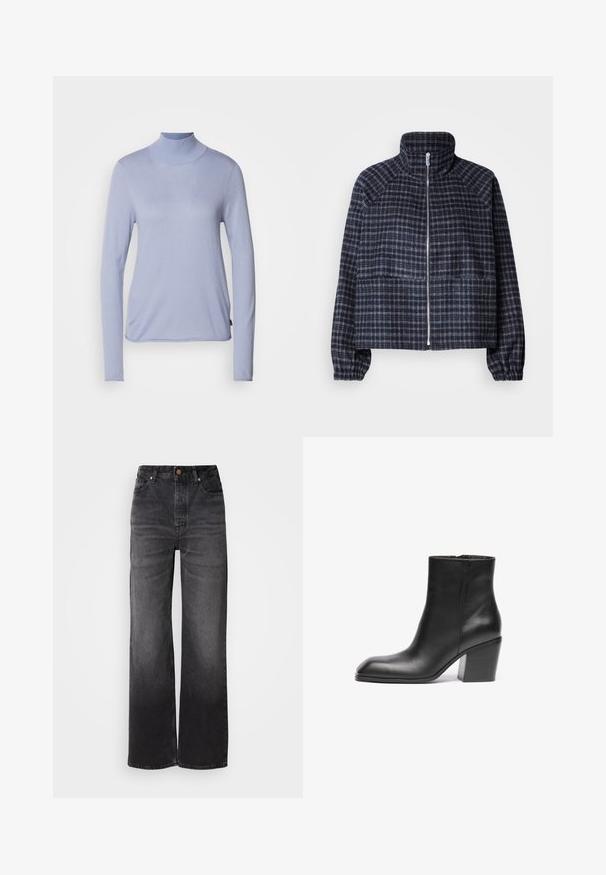 Kort jakke i mørkeblå plaidstof. Har høj krave, lynlås foran og gatherede manchetter for en tætsiddende pasform.; Lyseblå langærmet turtleneck-top fremstillet af blødt stof, med en tætsiddende pasform og en glat tekstur. Minimalistisk stil uden mønstre.; Sorte afslappede jeans med høj talje, fem lommer, knaplukning og en subtil falmet tekstur. Tyk stof med en struktureret pasform.; Sort læder ankelstøvle med firkantet tå og kraftig blokhæl. Glat tekstur og minimalistisk design. Sidelukning for nem påklædning.
