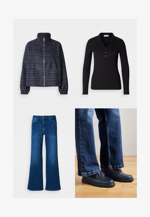 Chaqueta corta de tela de cuadro en azul marino oscuro. Presenta un cuello alto, cierre de cremallera en la parte delantera y puños fruncidos para un diseño ajustado.; Camisa polo negra de manga larga, confeccionada en tejido acanalado, con cuello tipo solapa, cierre de tres botones y un diseño ajustado.; Jeans anchos de mezclilla azul con una cintura alta, cuentan con cinco bolsillos, cierre de botón y cremallera, y una textura suave y uniforme.; Zapatos de cuero azul marino con suela gruesa y detalle de cadena en la parte superior, combinados con unos vaqueros de mezclilla oscura de corte holgado.