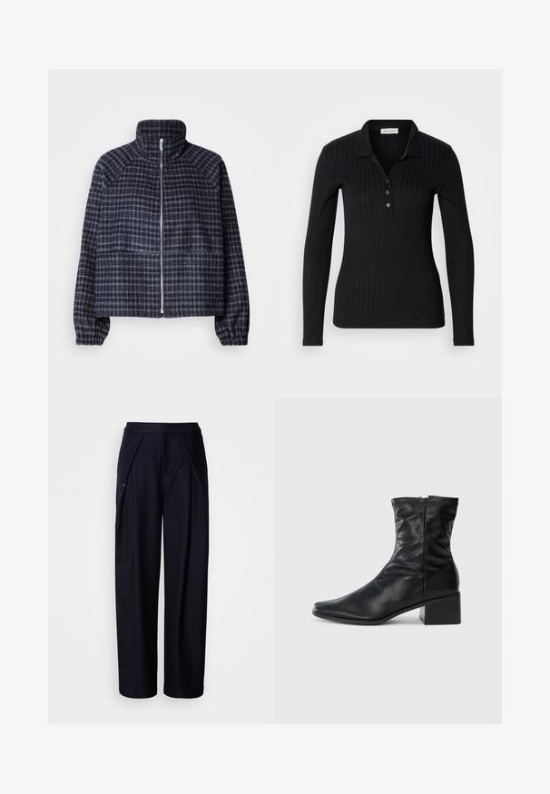 Geknipte jas van donker marineblauwe plaidstof. Beschikt over een hoge kraag, een ritssluiting aan de voorkant en gerimpelde manchetten voor een aansluitend ontwerp.; Zwarte lange mouwen polo shirt van ribstof, met een kraag, drie knoopsluiting en een slim-fit ontwerp.; Marineblauwe wijde broek met een gladde textuur, geplooide voorkant en elastische tailleband. Voorzien van een discreet zijvak en minimale merkaanduiding.; Zwarte leren enkelboot met een vierkante neus, een zijrits en een blokhak op een effen witte achtergrond.