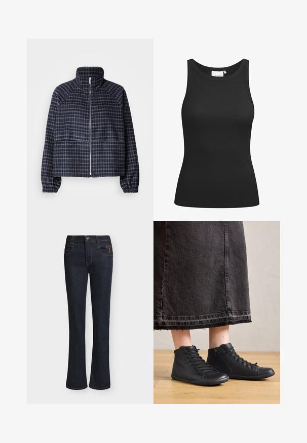 Kort jakke i mørkeblå plaidstof. Har høj krave, lynlås foran og gatherede manchetter for en tætsiddende pasform.; Sort tanktop lavet af ribbet materiale, med en scooped halsudskæring og en tætsiddende form. Flade sømme og ingen udsmykninger. Enkel og strømlinet design.; Mørkeblå denimjeans med lette vide ben, frontknap og lynlåslukning, forlommer og synlige syningsdetaljer.; Sorte læder høje sko med en glat overflade, der har snørebånd og en sidezipper. Båret med en lang sort denimnederdel.