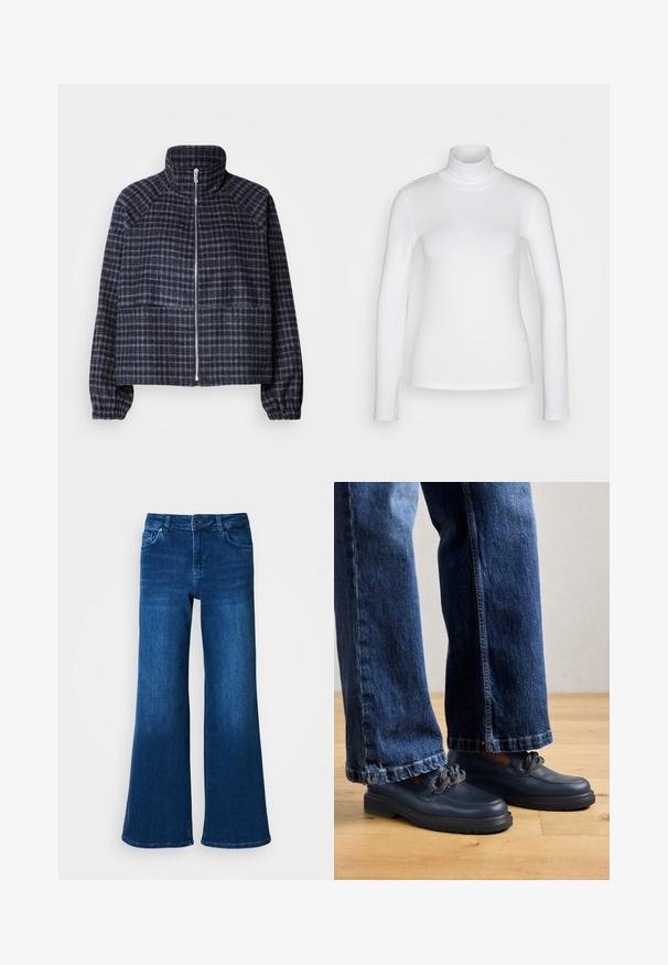 Chaqueta corta de tela de cuadro en azul marino oscuro. Presenta un cuello alto, cierre de cremallera en la parte delantera y puños fruncidos para un diseño ajustado.; Camisa de cuello alto de manga larga blanca, fabricada en un tejido suave y elástico. Presenta un ajuste ceñido y un collar alto. Sin patrones ni acentos visibles.; Jeans anchos de mezclilla azul con una cintura alta, cuentan con cinco bolsillos, cierre de botón y cremallera, y una textura suave y uniforme.; Zapatos de cuero azul marino con suela gruesa y detalle de cadena en la parte superior, combinados con unos vaqueros de mezclilla oscura de corte holgado.