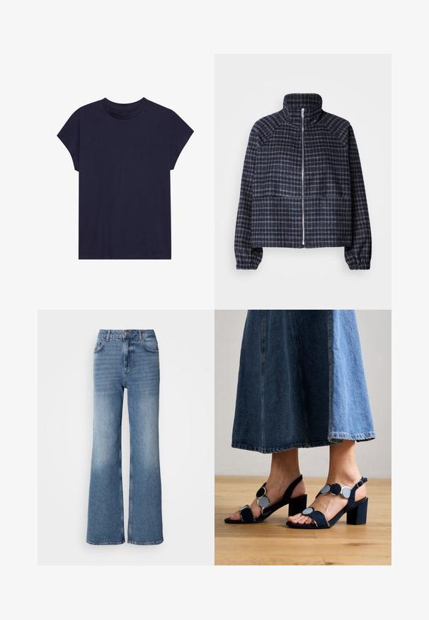 Chaqueta corta de tela de cuadro en azul marino oscuro. Presenta un cuello alto, cierre de cremallera en la parte delantera y puños fruncidos para un diseño ajustado.; Camiseta de algodón azul marino con escote redondo y mangas cortas, con un ajuste holgado y textura suave. Sin patrones ni acentos.; Mos Mosh MAI - Vaqueros rectos - blue wash; Marco Tozzi Sandalias - navy