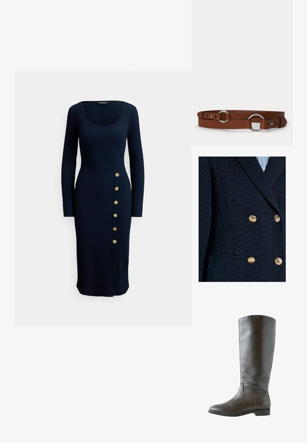 Blazer bleu marine foncé texturé avec quatre boutons dorés et un col à revers cranté porté sur une chemise rayée bleu clair.; Robe à manches longues côtelée bleu marine avec encolure carrée et boutons latéraux. Caractérisée par une silhouette ajustée et un ourlet arrivant au genou.; Botte en cuir marron montant, avec une texture lisse, un bout arrondi et peu de détails de couture. Semelle plate avec un petit talon.; Ceinture en cuir marron avec des anneaux métalliques circulaires argentés et des trous de boucle réglables sur un fond clair uni.