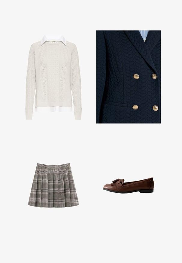 Blazer bleu marine foncé texturé avec quatre boutons dorés et un col à revers cranté porté sur une chemise rayée bleu clair.; Pull crème en maille torsadée avec une chemise à col blanc en dessous. Comprend des manches longues, des poignets et un ourlet côtelés. Motif tricoté texturé.; Jupe à carreaux en noir, blanc et gris avec des plis et une ceinture ajustée. Texture unie avec un motif tartan classique sur toute la surface.; Mocassin en cuir brun avec une semelle plate, orné d'un nœud et d'une breloque à franges à l'avant, présentant une texture lisse et un design épuré.