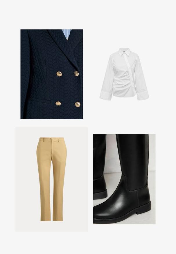 Dunkel navyblauer strukturierter Blazer mit vier goldenen Knöpfen und einem Revers mit Kerbkragen über einem hellblau gestreiften Hemd.; Weiße Bluse mit langen Ärmeln, asymmetrischem Knopfverschluss und gerafftem Detail vorne, mit breiten Manschetten und spitzem Kragen.; Beige Straight-Leg-Hose mit Gürtelschlaufen, Frontreißverschluss und maßgeschneiderten Biesen auf einem einfarbigen hellen Hintergrund.; Schwarze Leder-Stiefel bis zum Knie mit glatter Textur, runder Spitze, minimaler Naht und niedrigem Blockabsatz. Sie haben ein schlankes, eng anliegendes Design.