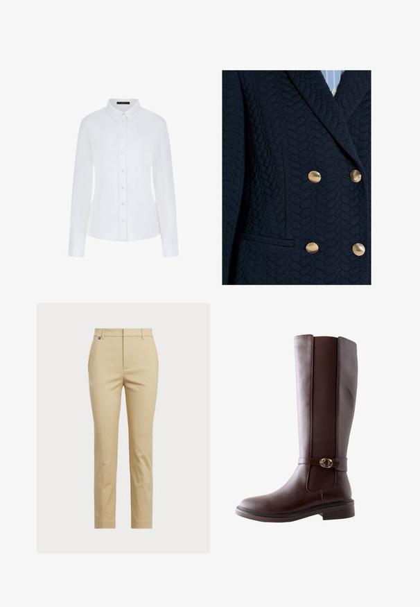 Donker marineblauw getextureerd colbert met vier gouden knopen en een notched reverskraag over een lichtblauw gestreept overhemd.; Witte lange mouwen shirt met een kraag, knoopsluiting aan de voorkant en manchetten. Gemaakt van soepel materiaal met een getailleerd ontwerp en zonder zichtbare patronen.; Beige broek met een straight-leg ontwerp. Gemaakt van gladde stof, met een standaard tailleband en subtiele zijnaad.; Next STANDARD FIT - FOREVER COMFORT ROUND BUCKLE DETAIL - Laarzen - new chocolate brown