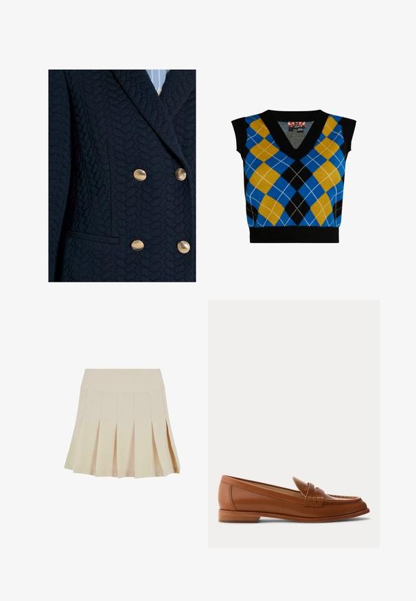 Blazer bleu marine foncé texturé avec quatre boutons dorés et un col à revers cranté porté sur une chemise rayée bleu clair.; Pull sans manches avec un col en V, doté d'un motif argyle bleu, jaune, noir et blanc, bordé d'un ourlet côtelé noir.; Jupe plissée beige avec une taille cintrée, fabriquée dans un tissu lisse. Présente plusieurs plis verticaux et un ourlet droit.; Mocassin en cuir marron avec petit talon en bois, bride classique pour pièce et détails cousus le long de la pointe et des côtés.