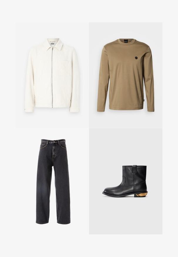 Chaqueta cremalleras color blanco roto con cuello, mangas largas y un bolsillo en el pecho, hecha de tela texturizada.; Camisa de manga larga en algodón marrón claro con cuello redondo, que presenta un pequeño parche negro con el logo en el pecho y detalles mínimos de costura.; Pantalones vaqueros de mezclilla gris oscuro con un diseño holgado y de pierna recta, que cuentan con cinco bolsillos, costuras claras y un cierre de botón en la cintura.; Botín negro de piel con superficie lisa, punta redondeada y un motivo de ballena acentuado en oro en el tacón. Diseño minimalista.
