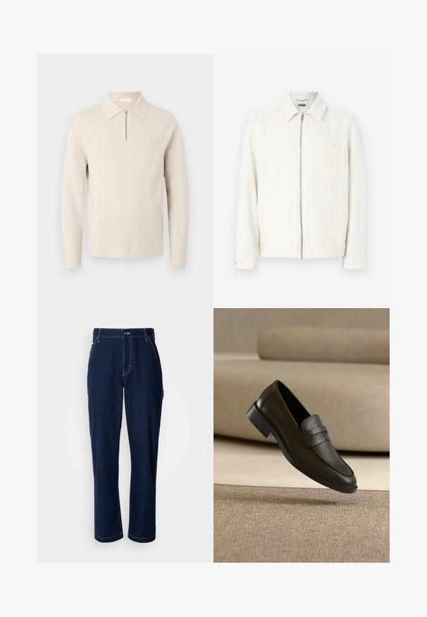 Off-white vetoketjullinen takki, jossa on kaulus, pitkät hihat ja yksi rintatasku, valmistettu teksturoidusta kankaasta.; Beige pitkähiha neulepaita kauluksella ja lyhyellä etuvetoketjulla, esitetty valkoisella taustalla.; Tummansininen suoralahkeinen farkkuhousut, vahvistetuilla saumoilla ja sivutaskuilla. Varustettu nappikiinnityksellä ja kevyellä tekstuurilla.; Musta nahkainen loafer-kenkä lepää beigen maton päällä, taustalla kaareva beige sohva.