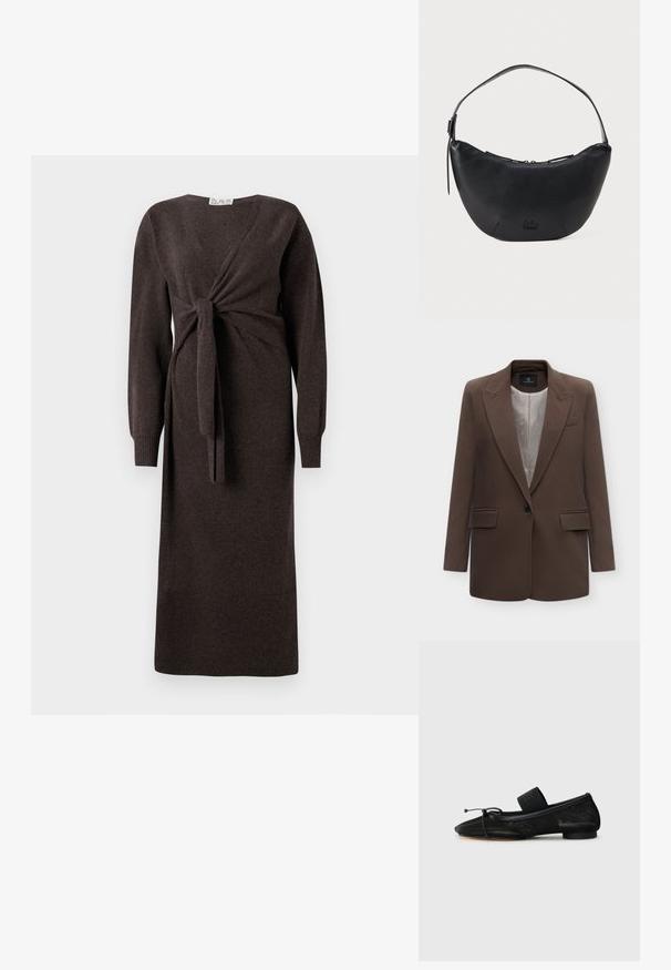 Bruine blazer met één knoop en revers, twee voorflapzakken en een lichtbeige patroonvoering, afgebeeld op een witte achtergrond.; Bruine gebreide jurk met lange mouwen, een wikkeldesign met een voorknoop en ribgebreide manchetten, die tot halverwege het onderbeen reikt.; Zwarte platte schoen met een spitse neus, gemaakt van gestructureerde stof, met een strikaccent en een kleine, ronde hak. Elastische strap bij de enkel.; Zwarte leren schoudertas met een halve maanshape, voorzien van een ritsluiting en een afneembare schouderriem. Klein logo geperst op de voorkant.