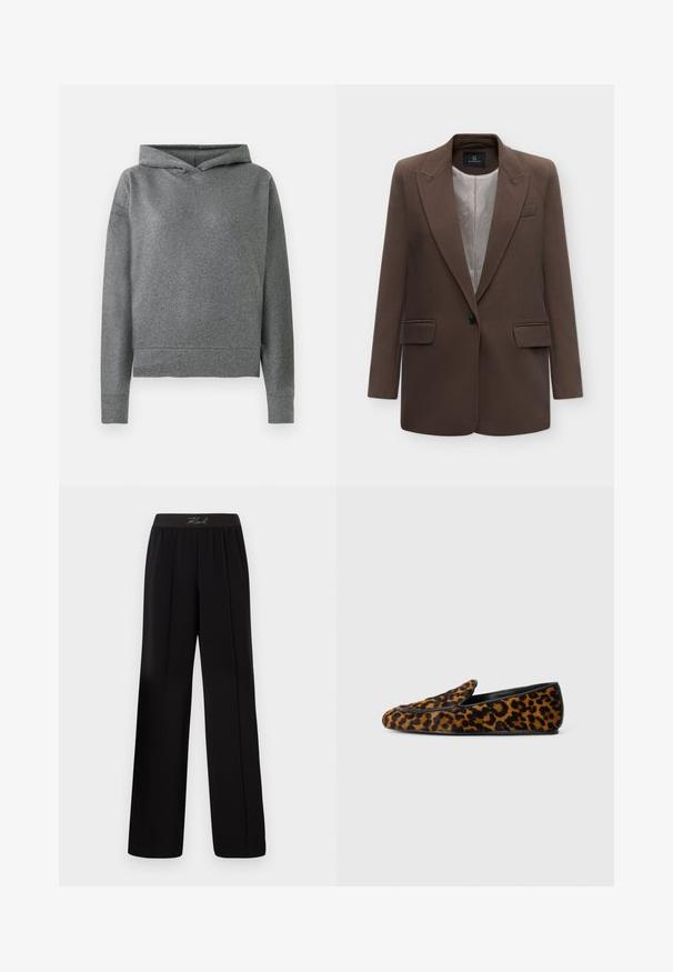 Einreihiger brauner Blazer mit Revers, zwei vorderen Pattentaschen und hellbeigem gemustertem Innenfutter, dargestellt auf weißem Hintergrund.; Grauer Hoodie aus einem weichen, strukturierten Stoff. Besitzt eine Kapuze mit Kordelzug, lange Ärmel und einen leicht verkürzten, lockeren Sitz.; Schwarze weit geschnittene Hosen mit elastischem Bund, die über ein charakteristisches Detail, einen glatten Stoff und Vorderfalten verfügen.; Damen Slipper mit braunem und schwarzem Leopardenmuster, schwarzer Umrandung und im Easy-On-Stil, präsentiert vor einem weißen Hintergrund.