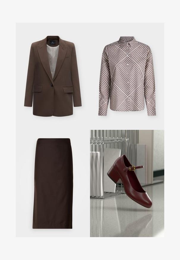 Blazer marron boutonné d'un seul bouton avec revers, deux poches avant à rabat et doublure intérieure beige clair à motifs, présenté sur fond blanc.; Chemise à manches longues boutonnée avec des rayures diagonales marron et blanches formant un motif géométrique et un col pointu.; Jupe crayon marron, de longueur genou, fabriquée en tissu lisse. Présente un design simple sans motifs ni embellissements visibles.; Chaussure Mary Jane en cuir rouge foncé avec talon carré et boucle dorée reposant sur une surface réfléchissante à côté d'un organiseur de fichiers en métal et blanc.