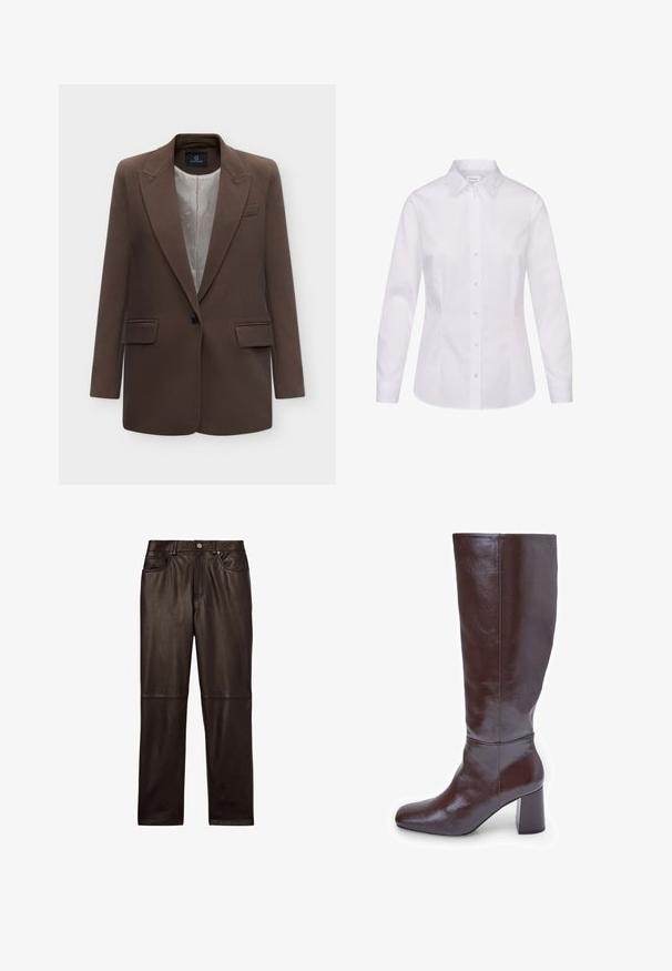 Enkeltknappet brun blazer med revers, to forlommer med klap og lyst beige mønstret foer, vist på en hvid baggrund.; Hvid langærmet skjorte med knapper, spids krave og tilpasset talje, vist på hvid baggrund.; Reiss VERONA REGULAR FIT - Skindbukser - chocolate; Brune læder knæhøje støvler med firkantet tå og en chunky hæl. Finishen er blank, hvilket fremhæver den glatte tekstur og designlinjer.