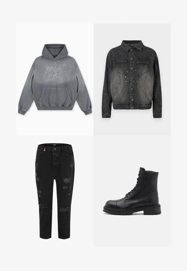 Zwarte vervaagde denimjack met knoopsluiting, klepborstzakken en decoratieve stikdetails.; Grijze capuchontrui met een gestructureerde print met de tekst "FAVELA Worldwide" en een adelaarontwerp, voorzak in kangarustijl en geribbelde manchetten.; Zwarte denim jeans met versleten scheuren, hoge taille, knoopsluiting en een rode labeldetail. Rechtdoorgeschoven pijpen met een rafelige zoom.; AllSaints HANK - Veterboots - black